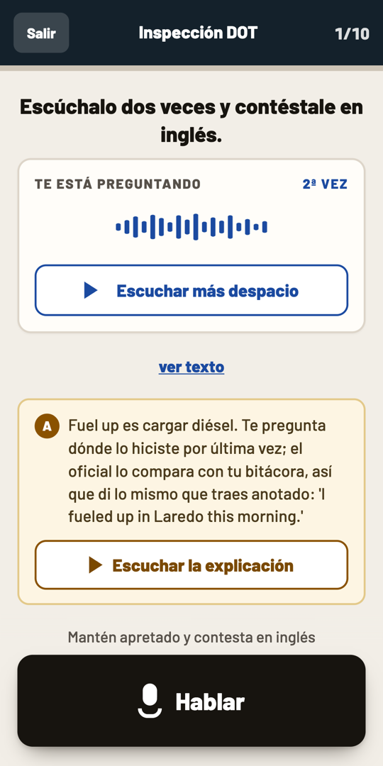 RoadTalk practice: listen to the question, hold to speak, feedback in Spanish